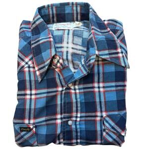 Vintage 60s Wrangler Pearl Snap Flannel Red Plaid Dagger Pt Collar Size Large